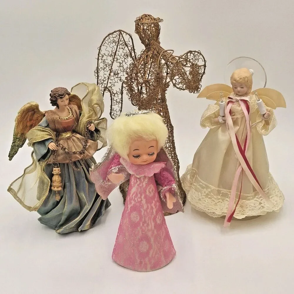 Vintage Angel Tree Toppers  Mixed Lot Of 4 Porcelain, Wire, Paper, Resin, Fabric